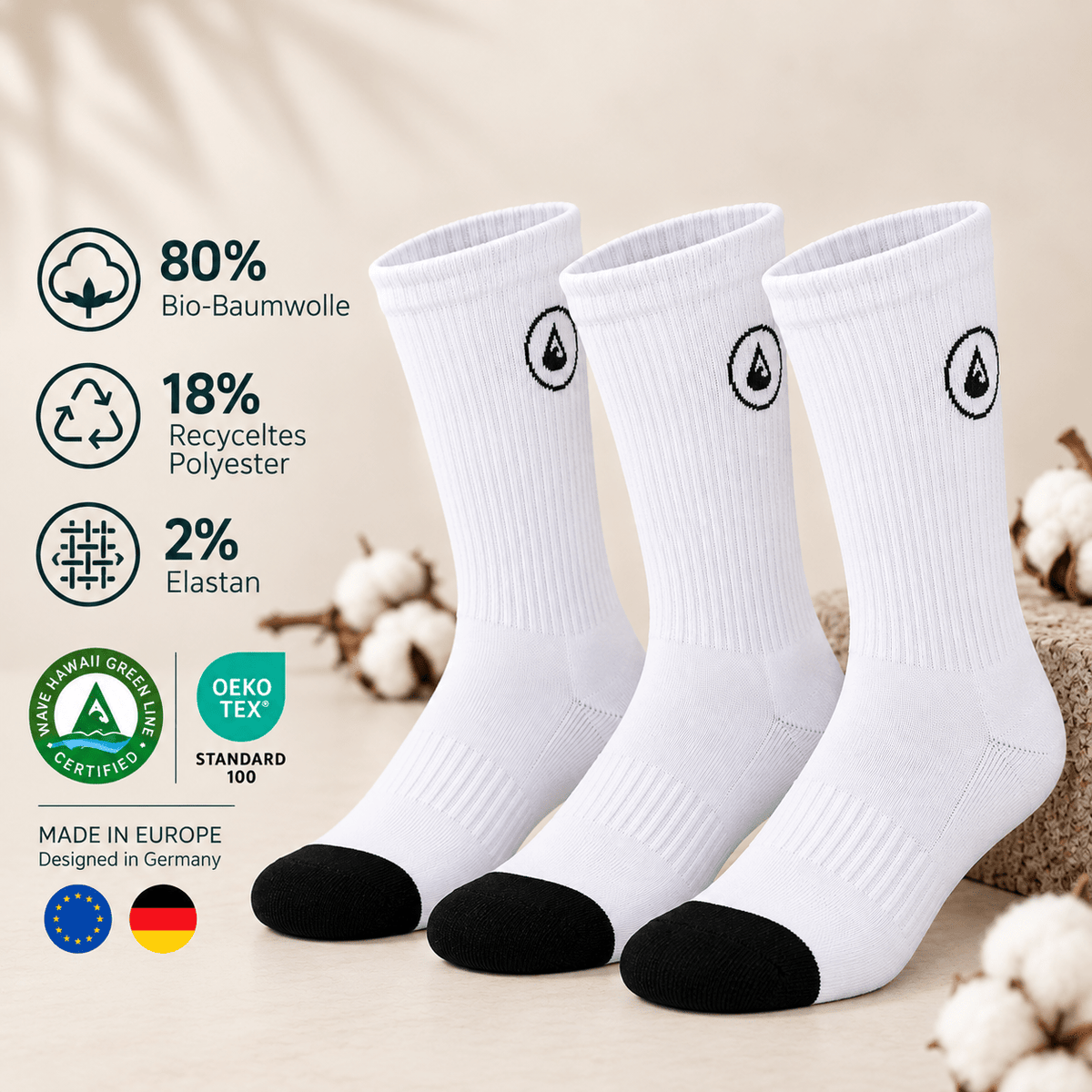 3er Set | Cotton Crew Socks Logo (weiß) WAVE HAWAII