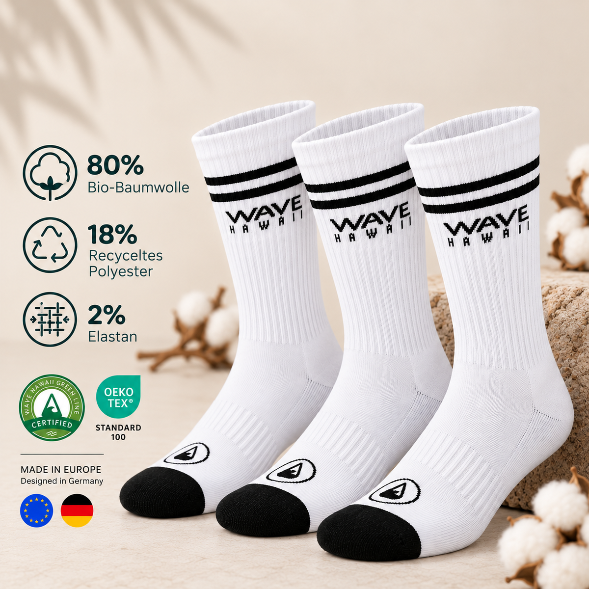 3er Set | Cotton Crew Socks Stripe + Logo (weiß) WAVE HAWAII 